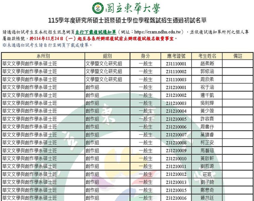 115學年度碩士班甄試∣華文系初試放榜暨複試時間圖片