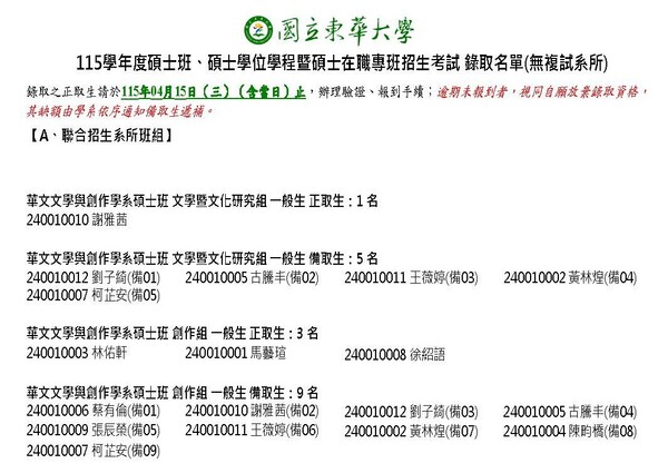 115學年度華文系碩士班招生∣錄取名單及報到說明（本梯次正取生全部報到）圖片