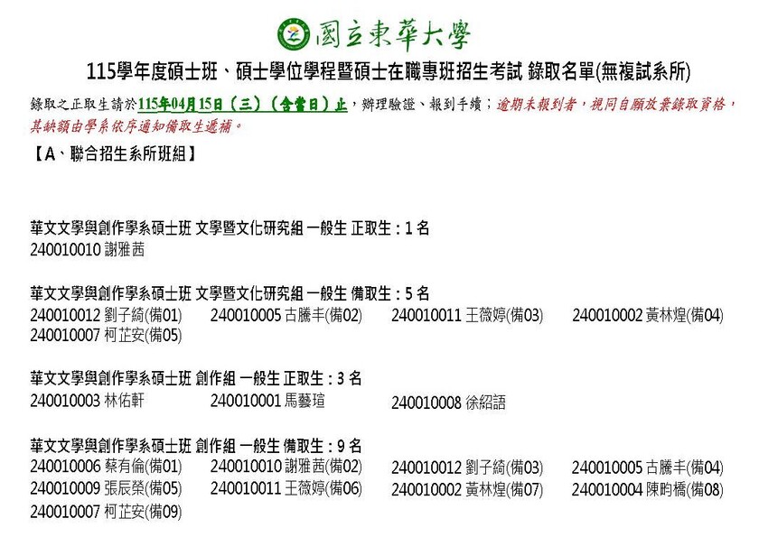 115學年度華文系碩士班招生∣錄取名單及報到說明圖片